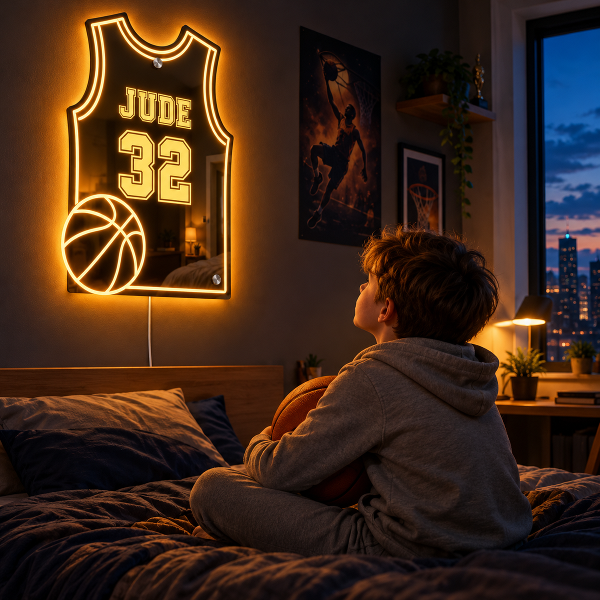 A boy sitting on his bed in the evening, looking up at his lit jersey mirror above the headboard