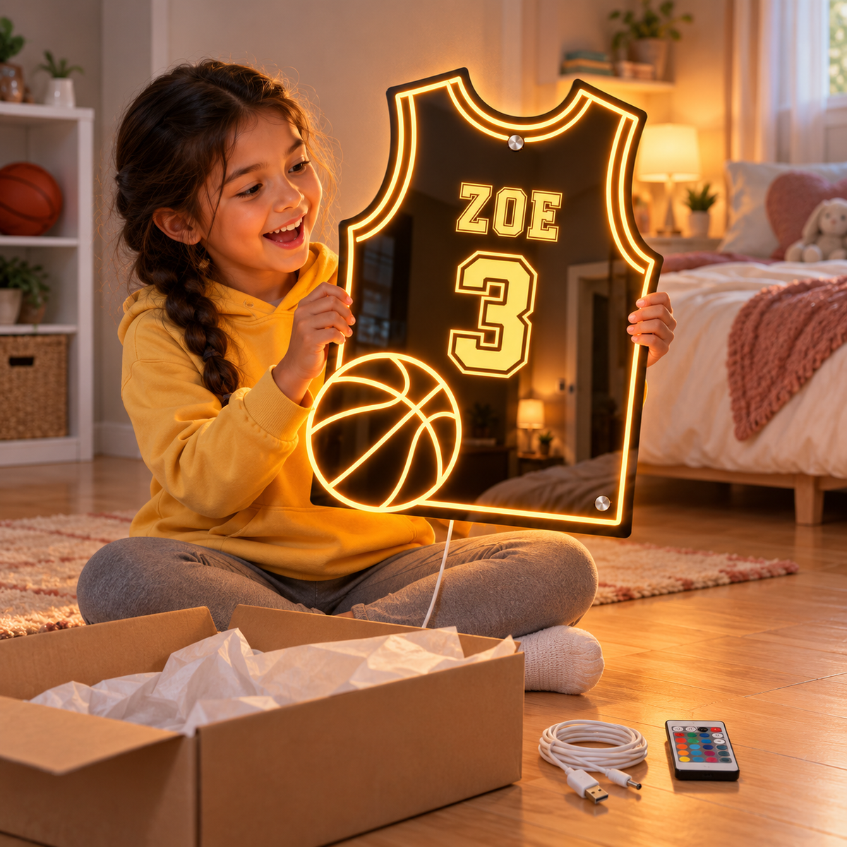 A girl unboxing her jersey LED mirror and holding it lit in both hands