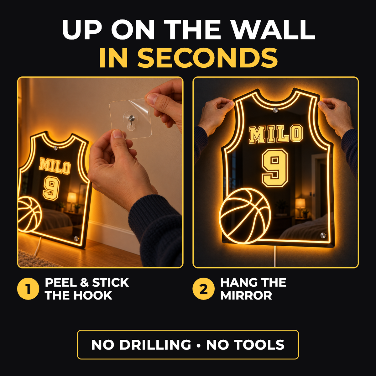 Two-step install slide: peel and stick the hook, then hang the mirror - no drilling, no tools