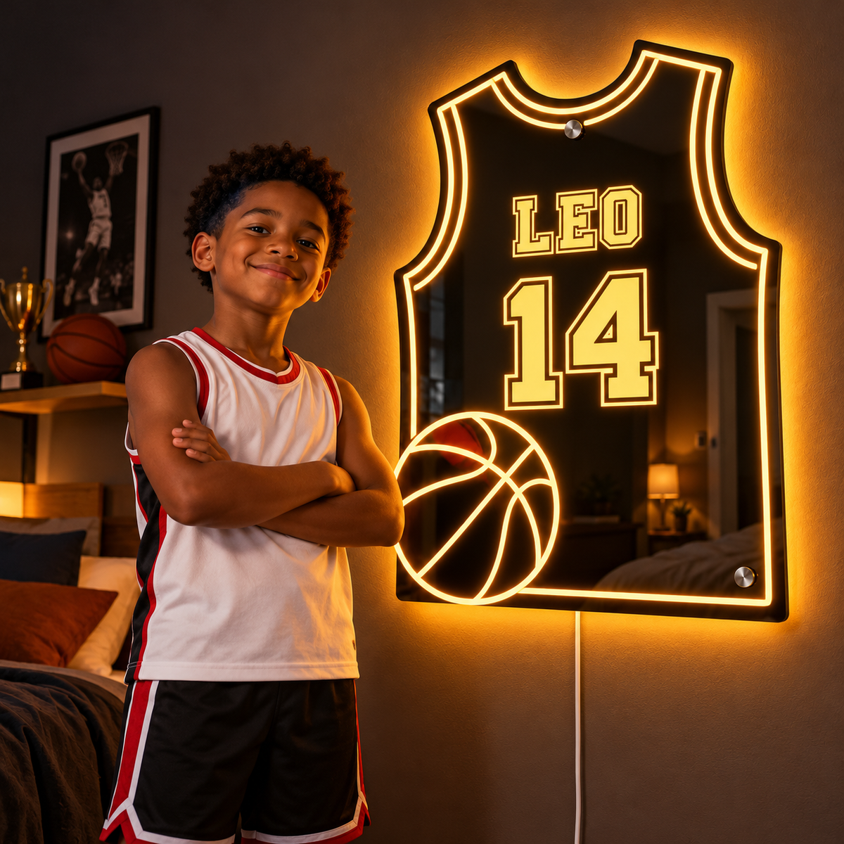 A 9-year-old basketball player standing beside his personalized LED jersey mirror, lit warm amber on his bedroom wall