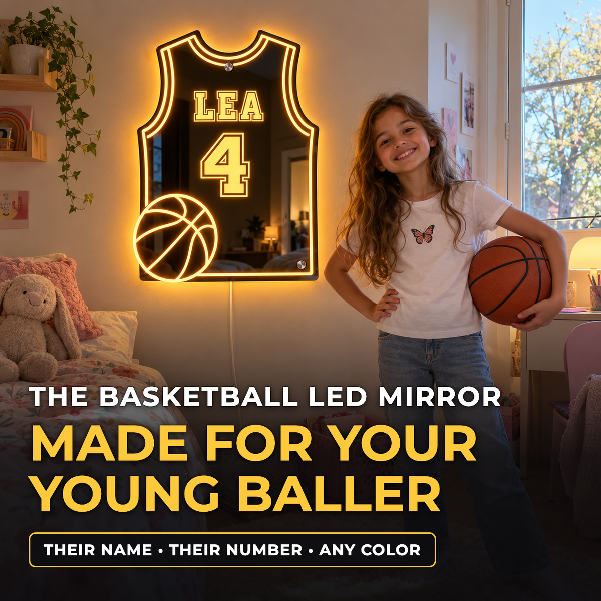 Opening slide: the basketball LED mirror, made for your young baller - their name, their number, any color