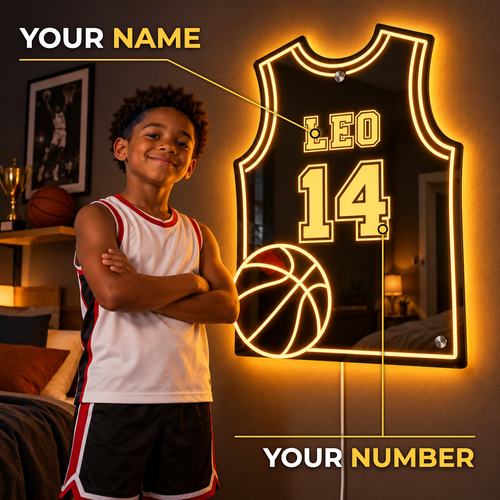 Annotated slide showing where the name and the number are cut into the jersey mirror