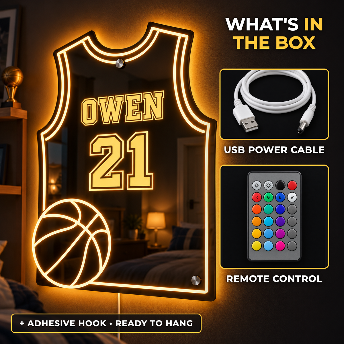 What is in the box: the jersey LED mirror, the USB power cable and the remote control