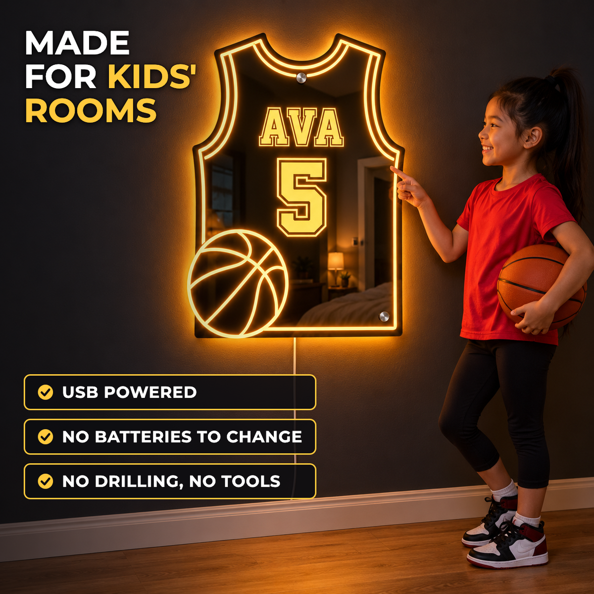Made for kids' rooms: USB powered with no batteries to change, and no drilling or tools needed