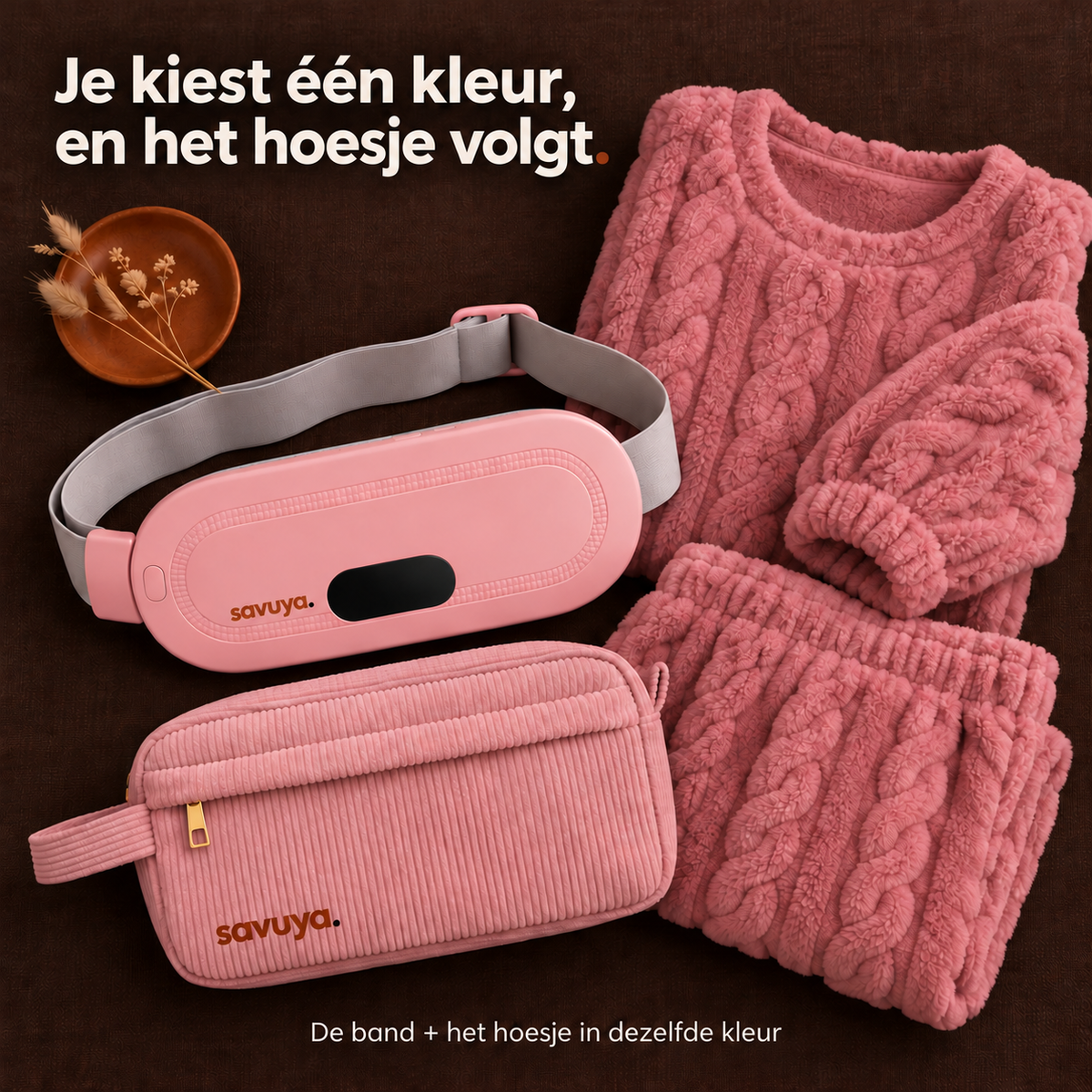 Roze warmteband met het bijpassende hoesje van ribfluweel