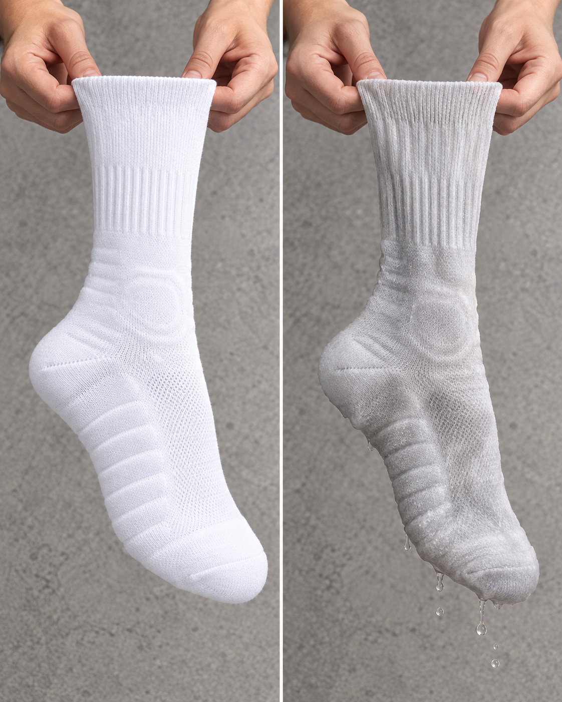 Deux chaussettes côte à côte : l’une sèche, l’autre détrempée