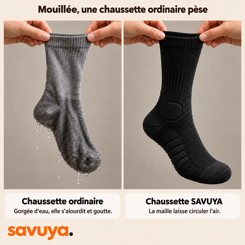 Une chaussette ordinaire gorgée d'eau à côté de la chaussette SAVUYA